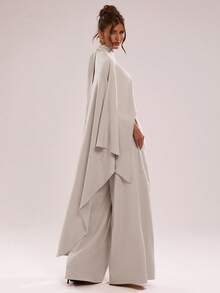 SHEIN BAE Women's Solid Color Stand Collar Asymmetric Hem Top And Long Pants Casual Daily Set - Apricot - View 2