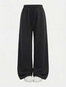 SHEIN Celana Panjang Olahraga Lurus Longgar dengan Tali Serut, Bahan Beludru Tebal, Bahan Plus untuk Musim Gugur dan Musim Dingin, Motif Bunga Abu-abu, Celana Olahraga Kasual untuk Sehari-hari - Hitam - View 2