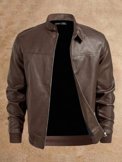 HIMLAND Men's Solid Color PU Leather Long Sleeve Zip-Up Jacket