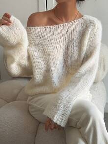 DAZY Women's Asymmetric Shoulder Loose Long Sleeve Elegant Sweater Fall - Beige - View 2