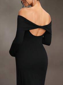 SHEIN Black French Style Cold Shoulder Maternity Long Dress, Slim Fit Elastic Knit Fabric, Exposed Shoulder Long Sleeve Photoshoot Formal Fall Elegant - Black - View 7