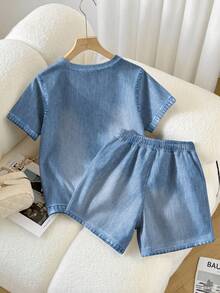 Franclia Loose Fit Contrast Color Round Neck T-Shirt And Shorts Set - Dusty Blue - View 2
