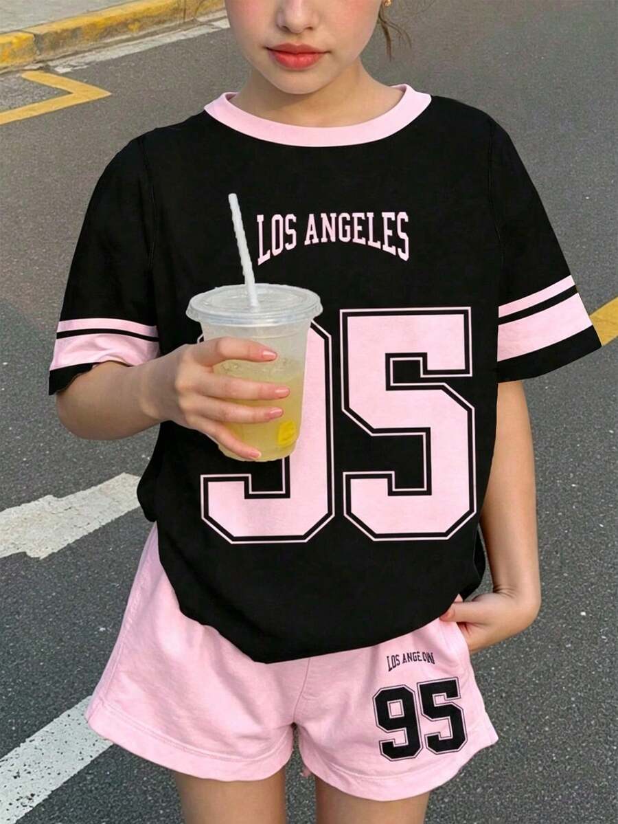 SHEIN Leap Crew 2件組 青少年女孩黑色粉色休閒夏季圖案 95數字印花短袖T恤與短褲套裝,牛仔風極簡圓領青少年女孩套裝 - 彩色 - 查看 1