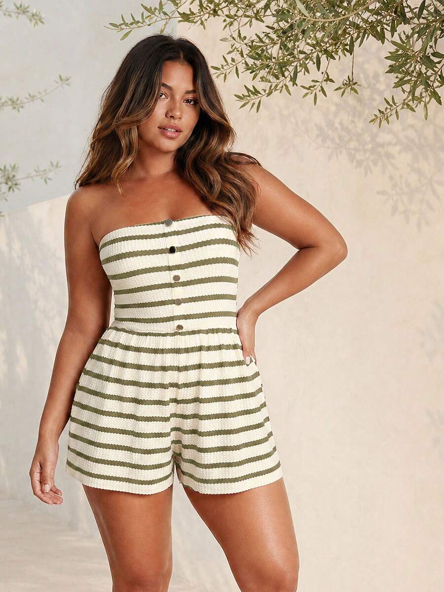 ELLERISSA Plus Size Olive Green Stripe Bandeau Button Front Playsuit - Olive Green - View 1