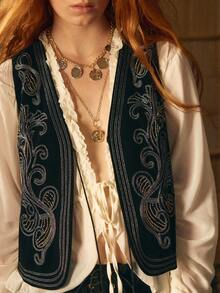 MOTF STUDIO WOMEN'S FLORAL EMBROIDERED SEQUIN DECORATED TASSEL FRONT TIE VEST - Black - View 1
