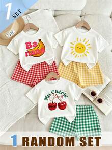 (1 RANDOM SET) Baby GirlMinimalist Cherry Banana Little Sun Pattern Basic Short T-Shirt And Plaid Shorts Set, Summer Daily Comfortable Outfit - Multicolor - View 1