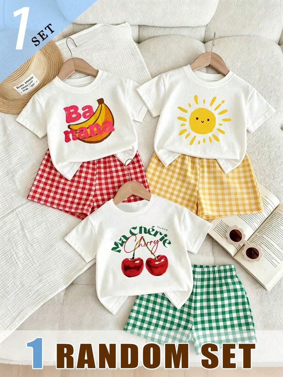 (1 RANDOM SET) Baby GirlMinimalist Cherry Banana Little Sun Pattern Basic Short T-Shirt And Plaid Shorts Set, Summer Daily Comfortable Outfit - Multicolor - View 1