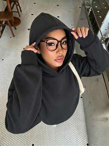 青少年女孩休閒極簡長袖連帽寬鬆加厚衛衣，適合秋冬穿著 - 深灰色 - 查看 8
