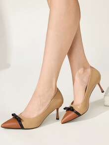CUCCOO CHICEST Women's New Camel Brown Colorblock Pointed Toe Bow Low Cut Stiletto High Heels PU Leather Fashion Elegant Wedding Party Fall Shoes - camel brown - View 7