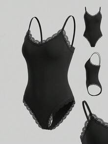 SHEIN BASICS 女款蕾絲拼接修身百搭性感日常穿著黑色夏季睡裙背心 - 黑色 - 查看 1