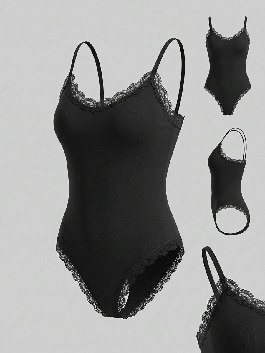 SHEIN BASICS 女款蕾絲拼接修身百搭性感日常穿著黑色夏季睡裙背心 - 黑色 - 查看 1