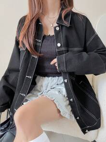 FRIFUL Women's Bow Decor Casual Versatile Daily Denim Jacket - Black - View 7