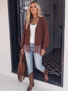 LanaWest Women's Contrast Lace Ruffle Hem Long Sleeve Casual Boho Cardigan Brunch Vacation Coffee Brown Autumn - Brown - View 4