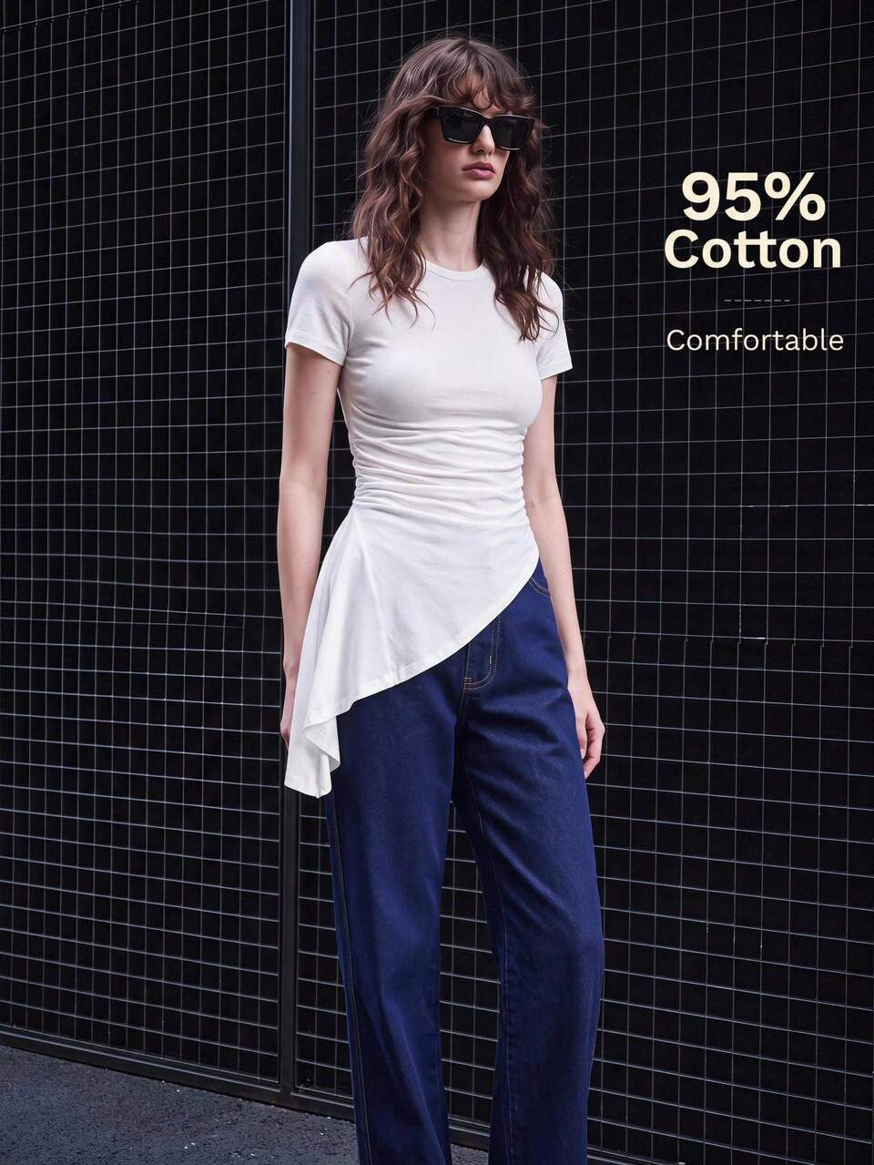 Women's Minimalist Elegant Casual Versatile Round Neck Short Sleeve Asymmetrical Hem T-Shirt, Asymmetric Angular Design, White Summer City Break Night