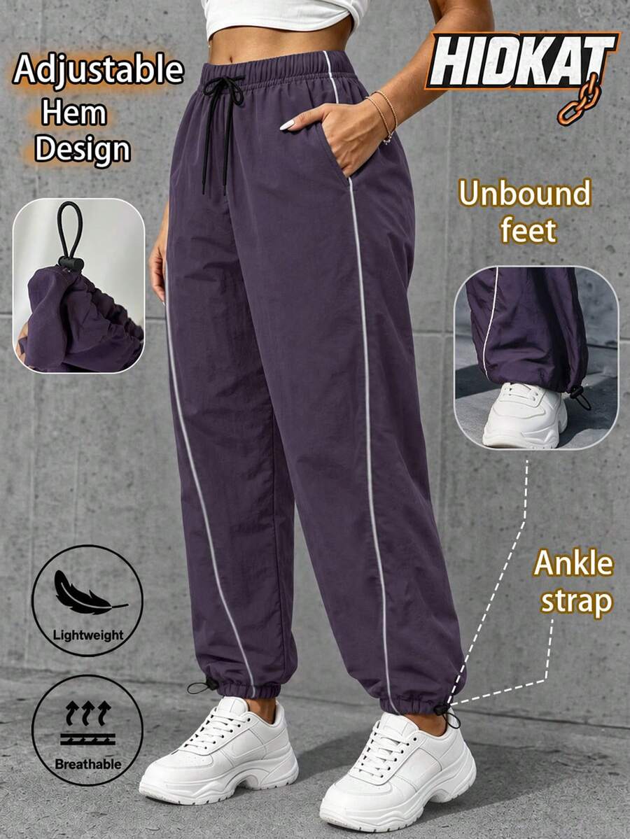 SHEIN Sports Women's Drawstring Waist Pocket Tapered Leg Casual Fitness Sports Long Pants - Purple - View 1