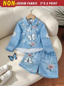 SHEIN Elladie kids 2件組女童水洗柔軟丹寧風領口襯衫短褲套裝，珍珠蝴蝶粉色山茶花造型，嬰兒7歲生日秋季穿搭 - 藍色 - 查看 3