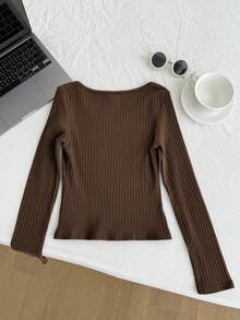 Tween Girls Ribbed Crew Neck Stretch Slim Fit All-Match Versatile Minimalist Long Sleeve T-Shirt, Comfortable - Brown - View 4
