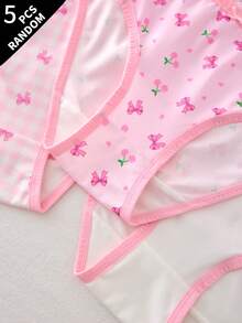 SHEIN 5件隨機款青少年女孩極簡可愛時尚蝴蝶結系列舒適三角內褲 夏季 - 彩色 - 查看 4