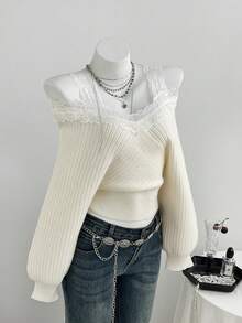 Elamini Sweater Crop Wanita Elegan Romantis dengan Patchwork Renda dan Bahu Terbuka, Cocok untuk Kencan Sehari-hari, Warna Krem Putih, dan Musim Gugur. - Aprikot - View 6
