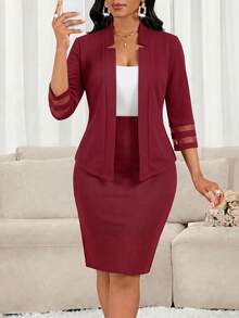SHEIN Lady Setelan Jas Kasual Elegan Wanita Ukuran Besar Warna Polos Lengan Panjang dengan Bukaan Depan, Jaket dan Rok, untuk Kantor, Bisnis, Formal, Warna Merah, Musim Panas - Merah - View 3