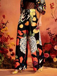 Glamance Frida Kahlo X SHEIN Women's Floral Print Pocket Loose Wide Leg Pants, Suitable For Outings, Gatherings And Parties - Black - View 1