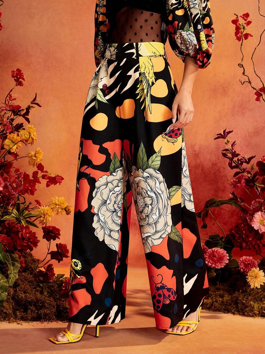 Glamance Frida Kahlo X SHEIN Women's Floral Print Pocket Loose Wide Leg Pants, Suitable For Outings, Gatherings And Parties - Black - View 1