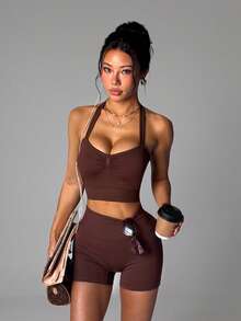 Mistrie Women's Solid Color Backless Halter Top And Shorts Sports Set - Brown - View 7