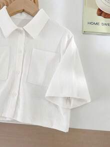 SHEIN LMoss Kids LMoss 女孩編織素色寬鬆短版休閒襯衫 - 白色 - 查看 6