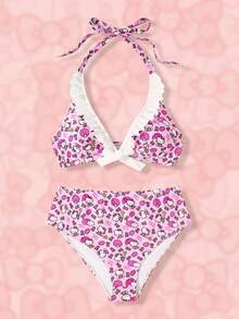 HELLO KITTY AND FRIENDS | SHEIN Set Bikini Ukuran Besar Seksi Gaya Y2K dengan Detail Pita dan Tali Belakang, Motif Kartun, Cocok untuk Pantai, Resor, dan Kolam Renang Musim Panas - Berwarna merah muda - View 1