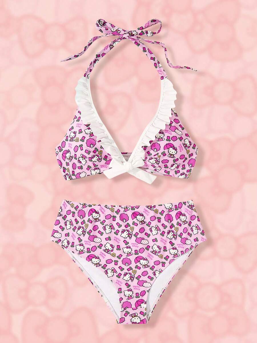 HELLO KITTY AND FRIENDS | SHEIN Set Bikini Ukuran Besar Seksi Gaya Y2K dengan Detail Pita dan Tali Belakang, Motif Kartun, Cocok untuk Pantai, Resor, dan Kolam Renang Musim Panas - Berwarna merah muda - View 1