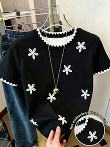 SHEIN 女士圆领撞色滚边花卉图案休闲日常短袖T恤 - 彩色 - 查看 1