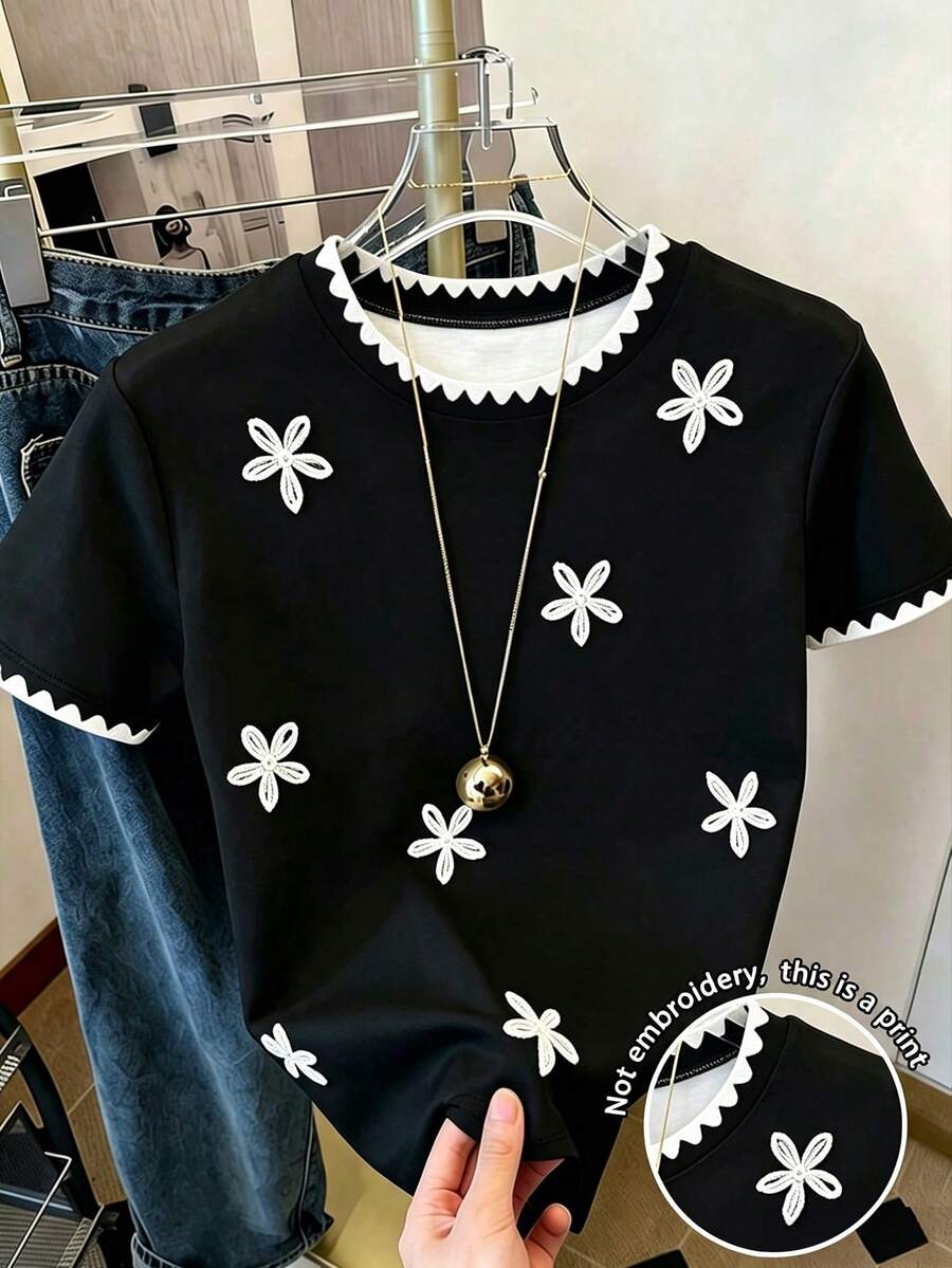 SHEIN 女士圆领撞色滚边花卉图案休闲日常短袖T恤 - 彩色 - 查看 1