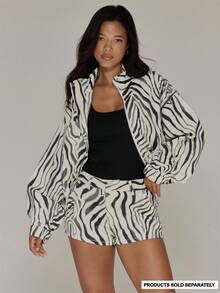 MUSERA Jaket Wanita Motif Zebra Kerah Corong dengan Resleting untuk Musim Gugur dan Musim Dingin, Cocok untuk Acara Keluar Rumah - MultiWarna - View 2