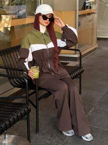 Solavon Women's Zipper Contrast Drawstring Long Sleeve Jacket And Casual Pants Arabic Outfit Set - Multicolor - View 3