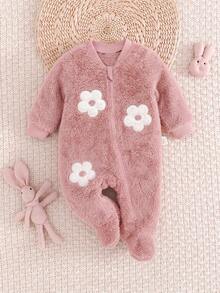 SHEIN 新生兒嬰兒花卉貼花刺繡毛絨連身長褲 - 粉色 - 查看 6