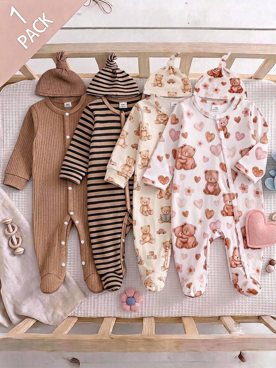 2 Potong Baju Terusan Bayi Rajut Lembut Lengan Panjang Model Musim Gugur/Dingin dengan Motif Beruang Lucu di Seluruh Permukaan, Hadiah Terbaik untuk Bayi Baru Lahir