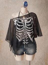 SHEIN ICON Plus Size Halloween Skeleton Print Mesh Top For Women