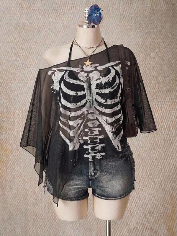 SHEIN ICON Top de malla con estampado de esqueleto de Halloween para mujer talla grande