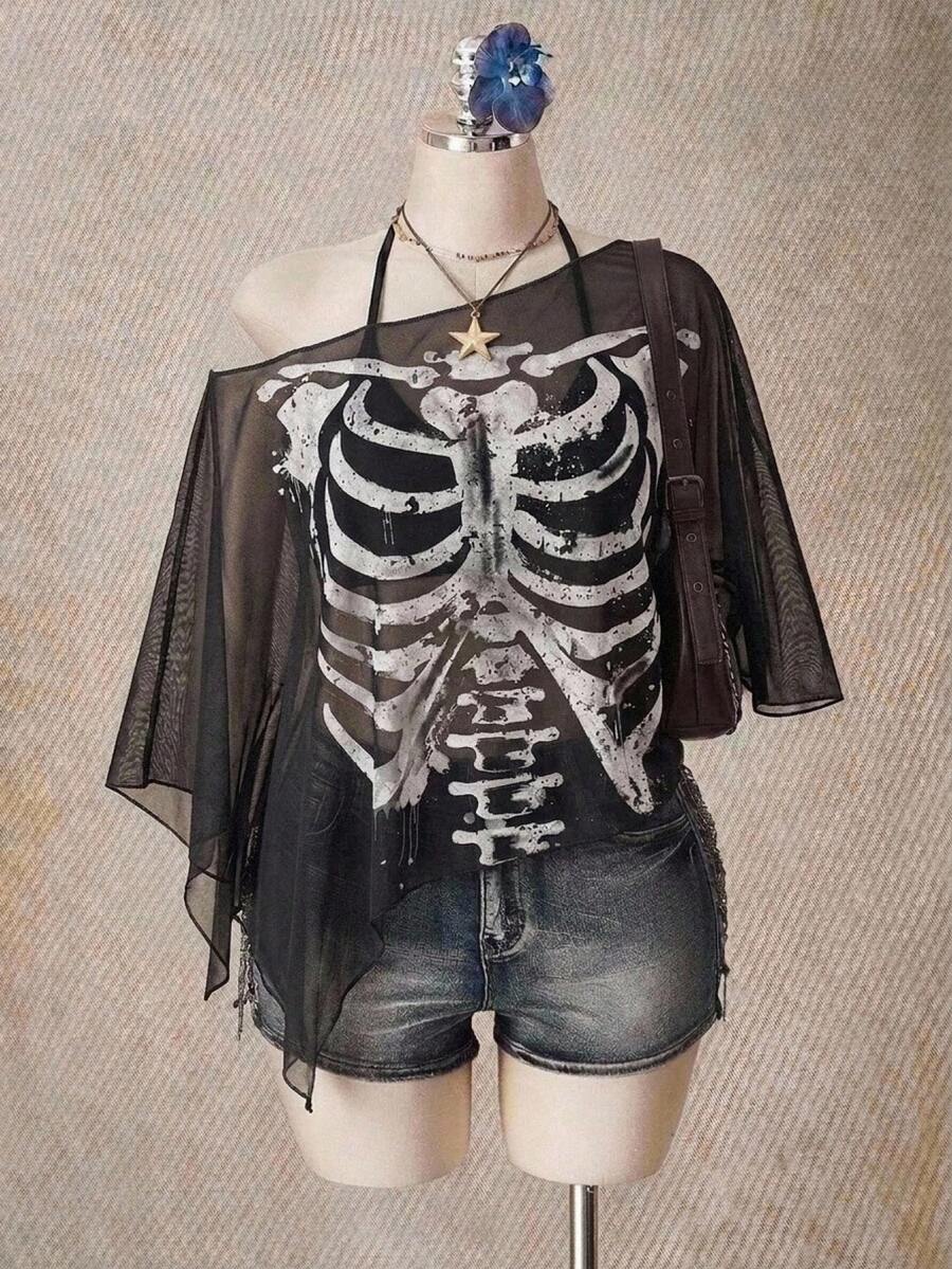 SHEIN ICON 大尺碼女款萬聖節骷髏印花網紗上衣 - 彩色 - 查看 1