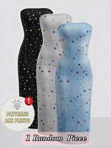 Vestido largo sin tirantes de color azul claro con adornos de strass de colores, el diseño sin tirantes resalta los hombros y el escote, decoración de strass de colores esparcidos por todo el vestido, los acentos de strass llamativos crean una atmósfera elegante, diseño único y elegante, crea fácilmente un atuendo diario personalizado. Regreso a la escuela, se envía 1 pieza al azar - Multicolor - Ver 2