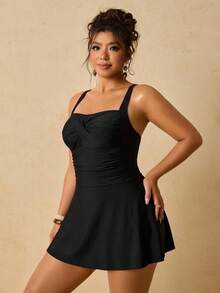 Travachic Plus Size Women's Solid Color Ruched One-Piece Swimsuit With Spaghetti Straps For Vacation - Black - View 4