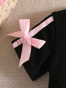 SHEIN 新生女嬰粉黑時尚套裝 短袖上衣附3D蝴蝶結 可愛套裝 0-9個月嬰兒適用 - 黑色 - 查看 7