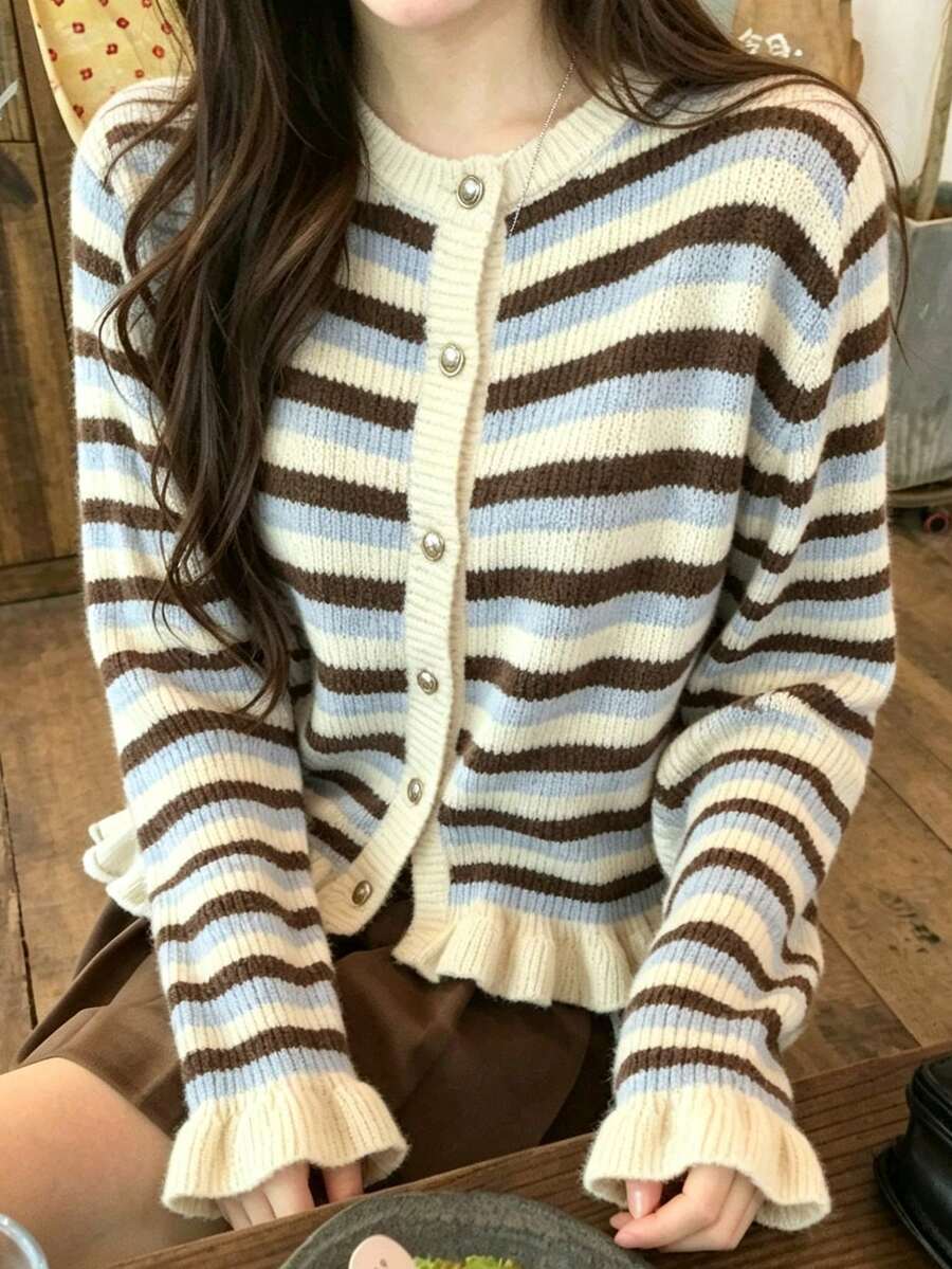 DAZY Women's Striped Long Sleeve Single-Breasted Casual Knit Cardigan Cute Tops - Blue - View 1