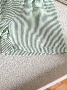 SHEIN 2pcs/Set Young Boy Casual Green & White Striped Patchwork Design Collared Short Sleeve Shirt And Shorts Set,Loose Fit,Summer Daily Outings Outfit - Multicolor - View 7