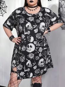 SHEIN CURVE+ 黑色哥德式骷髏花卉印花開衩下擺 2026 秋冬大尺碼 22W 女款萬聖節服裝 - 黑與白 - 查看 6