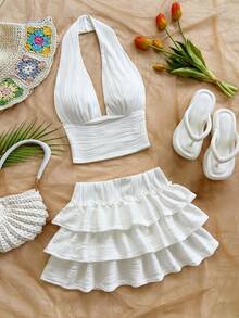 Soleia Women's Vacation Casual Backless Halter Top & Ruffle Tiered Skirt 2 Pieces Set - White - View 5