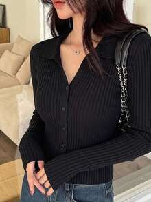 DAZY Women's Slim Fit Long Sleeve Single-Breasted Knit Cardigan - Black - View 2