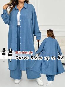 SHEIN CURVE+ 大尺碼單排扣純色長袖開襟衫與休閒工裝褲套裝 2026 秋季 22W 度假風 灰藍色 - 藍色 - 查看 1