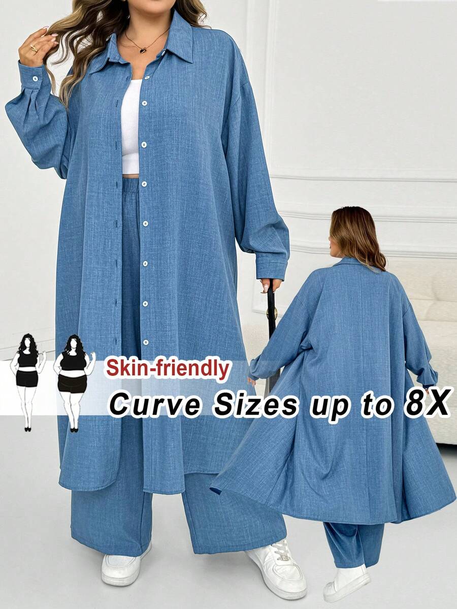 SHEIN CURVE+ 大尺碼單排扣純色長袖開襟衫與休閒工裝褲套裝 2026 秋季 22W 度假風 灰藍色 - 藍色 - 查看 1