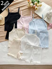 SHEIN Vintaside Kids (隨機2套) 少女四季款吊帶背心與短褲套裝，刺繡蝴蝶結，多色吊帶背心與短款內褲套裝 - 彩色 - 查看 2